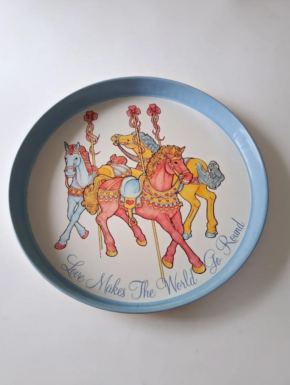 Vintage 80s Carousel Horse Metal Tin Tray Decor